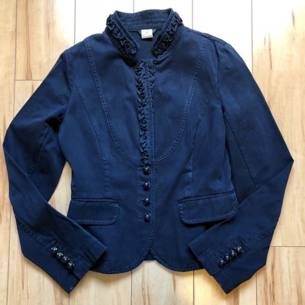 J Crew Navy Cropped Jacket Ruffle Mandarin Collar
